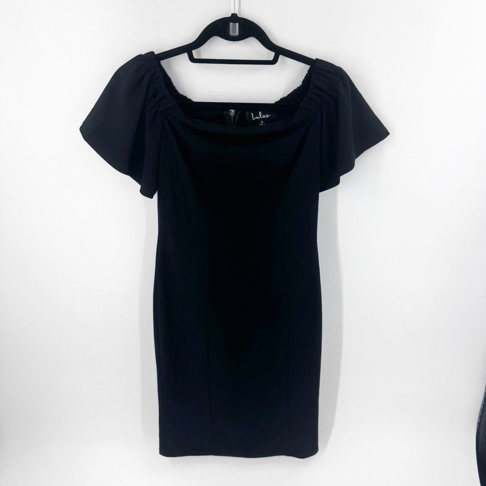 Lulus Black Off‎ The Shoulder Ruffle Sleeve Bodycon Dress IDA70452 Womens Small